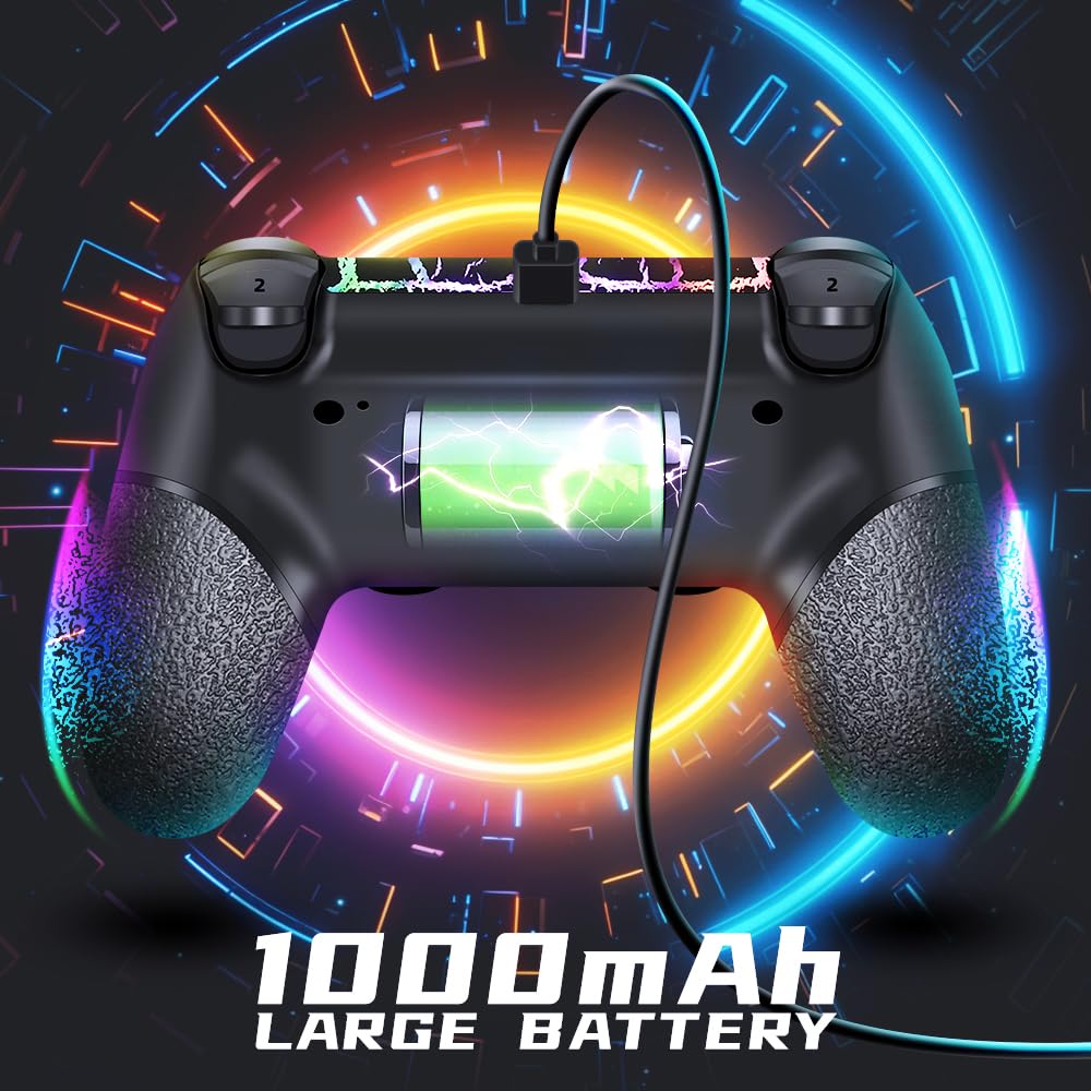 AceGamer Wireless Controller for PS4/Slim/Pro & PC. Black Crack RGB Light Gamepad with Turbo. 3.5mm Audio Jack & 1000mAh Battery