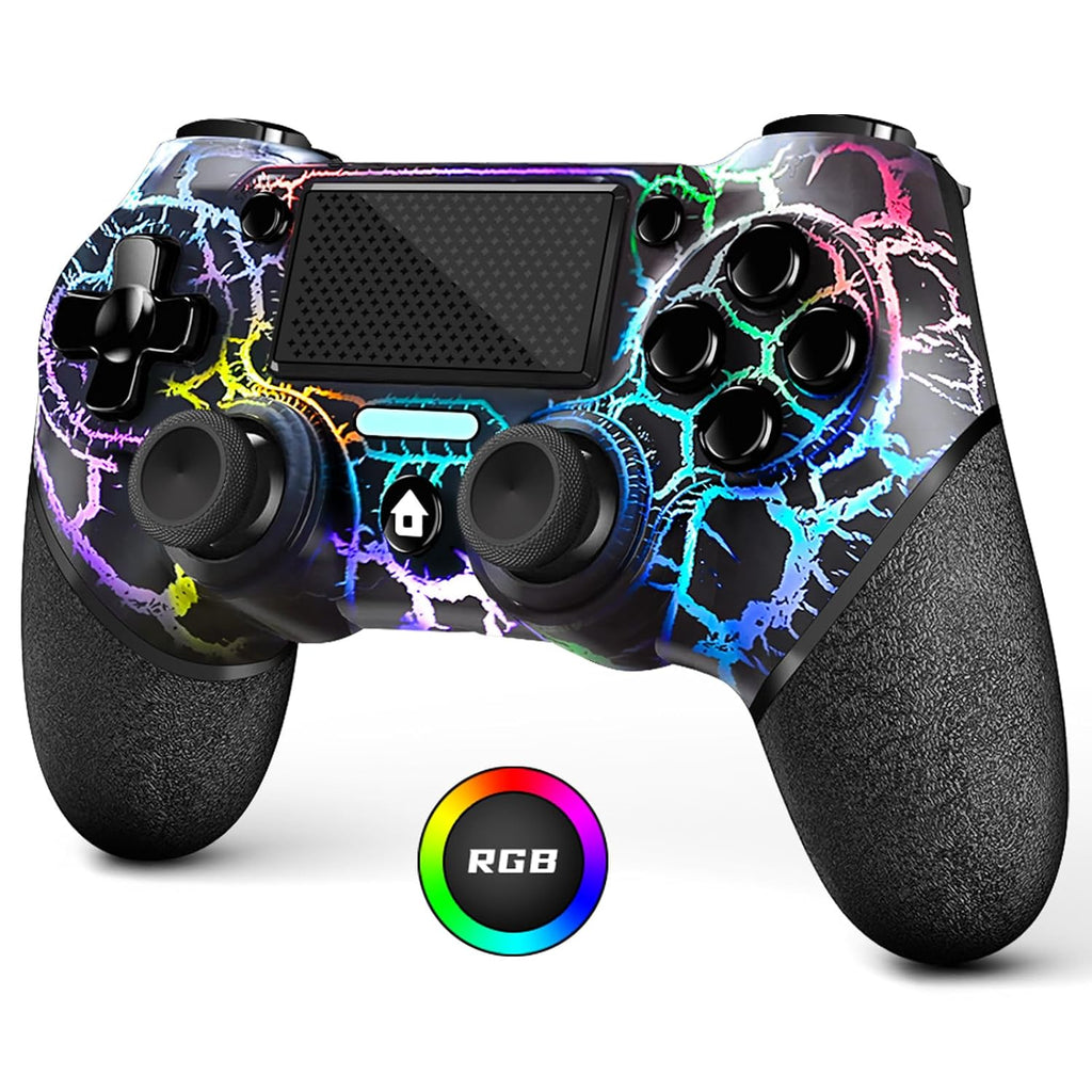 AceGamer Wireless Controller for PS4/Slim/Pro & PC. Black Crack RGB Light Gamepad with Turbo. 3.5mm Audio Jack & 1000mAh Battery