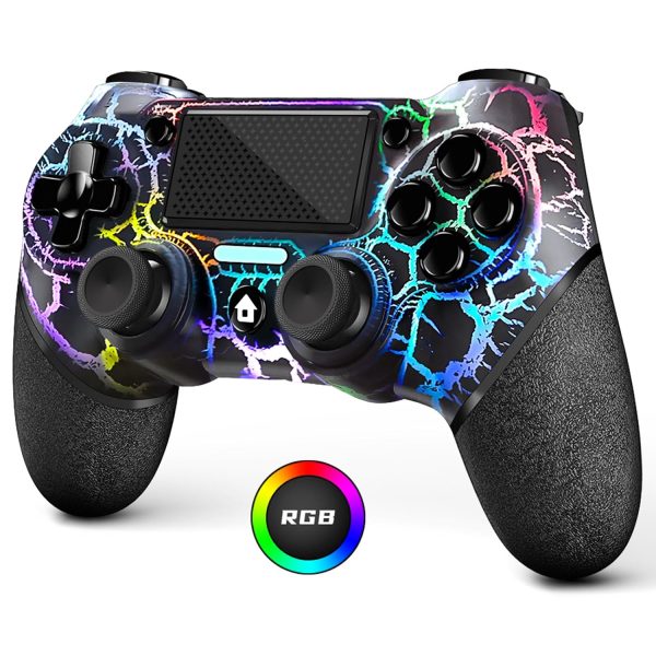 AceGamer Wireless Controller for PS4/Slim/Pro & PC. Black Crack RGB Light Gamepad with Turbo. 3.5mm Audio Jack & 1000mAh Battery