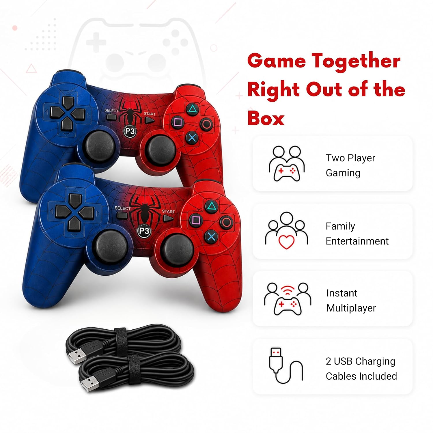 Hopevry 2 Pack Wireless Controller for PS3. Spider Man Theme Gamepad with Double Shock. Bluetooth Rechargeable. Comes with 2 USB Cables