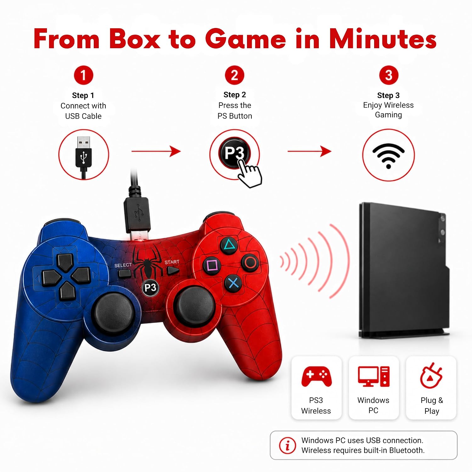 Hopevry 2 Pack Wireless Controller for PS3. Spider Man Theme Gamepad with Double Shock. Bluetooth Rechargeable. Comes with 2 USB Cables