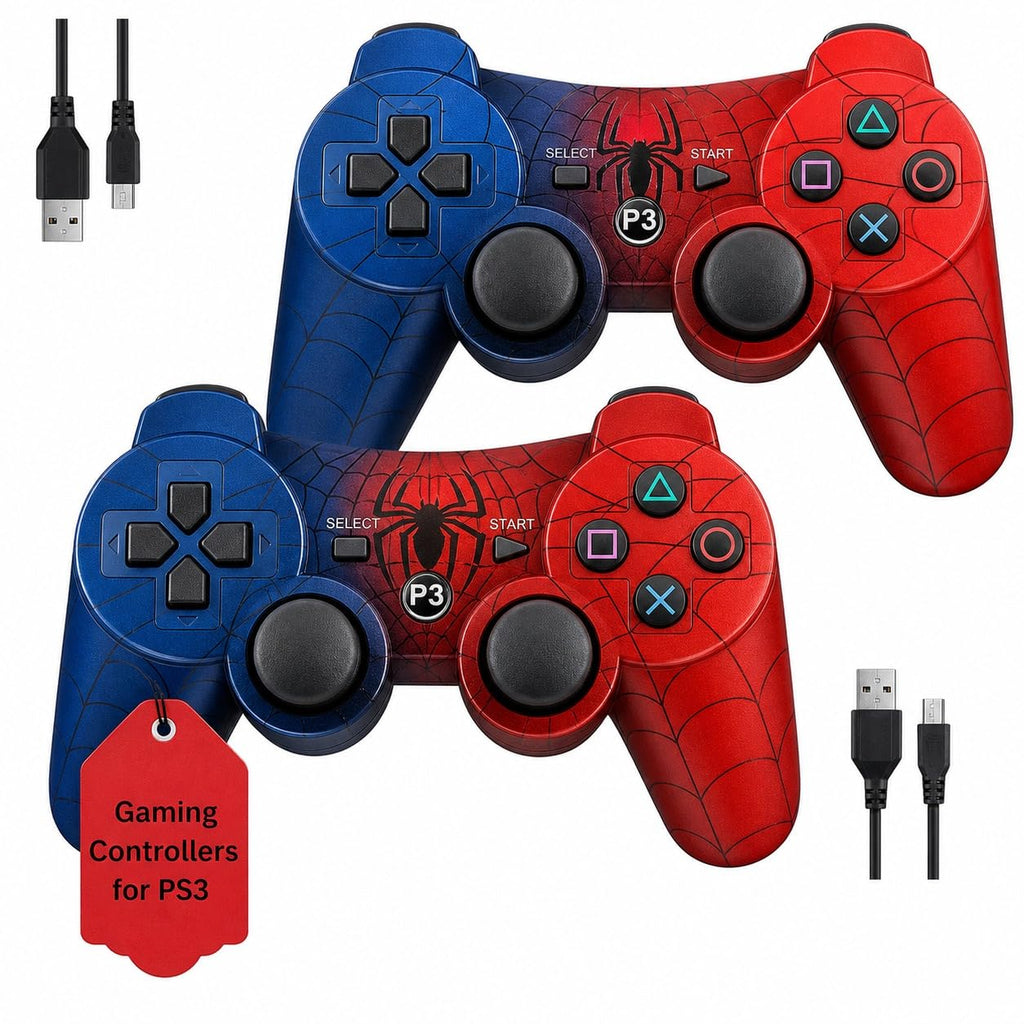 Hopevry 2 Pack Wireless Controller for PS3. Spider Man Theme Gamepad with Double Shock. Bluetooth Rechargeable. Comes with 2 USB Cables