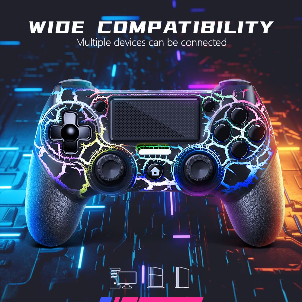 AceGamer Wireless Controller for PS4/Slim/Pro & PC. Black Crack RGB Light Gamepad with Turbo. 3.5mm Audio Jack & 1000mAh Battery